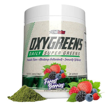 EHP Labs OxyGreens Super Greens Powder - Spirulina & Chlorella Superfood, Green Juice Powder & Greens Supplements with Prebiotic Fibre, Antioxidants & Immunity Support, 30 Serves (Forest Berries)