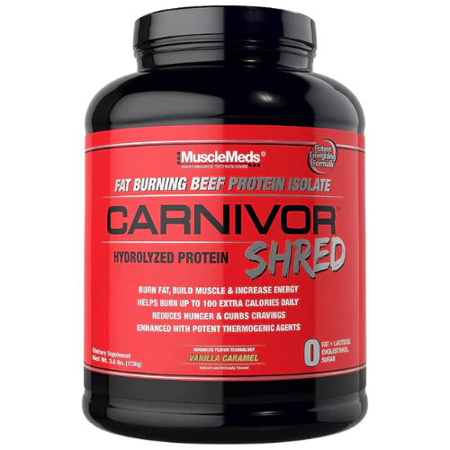 MuscleMeds Carnivor Shred Fat Burning Hydrolized Beef Protein Isolate, 0 Lactose, 0 Sugar, 0 Fat, Halal Certified, Vanilla Caramel, 4 Pound, 56 Servings