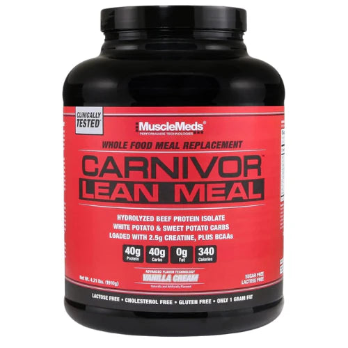 MuscleMeds CARNIVOR LEAN MEAL whole food meal replacement shake, MRE, beef protein isolate, white potato, sweet potato, 40g protein, 40 g carbs, lactose free, sugar free, Vanilla Cream 20 servings