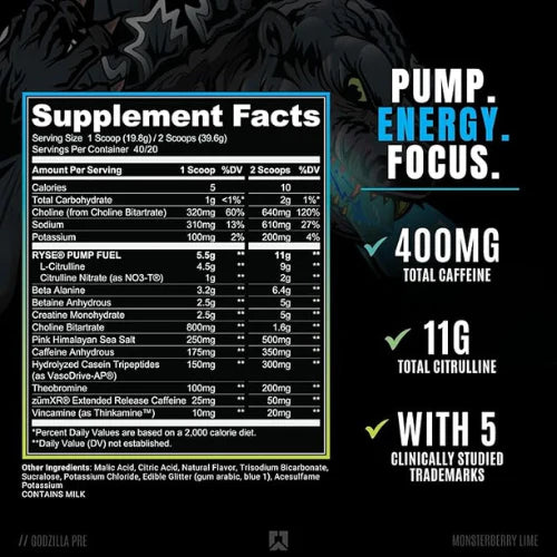 RYSE Up Supplements Noel Deyzel x Godzilla Pre Workout | Intense Pumps, Energy, & Focus | Citrulline & Beta Alanine | 400mg Total Caffeine | 40 Servings (Monsterberry Lime)