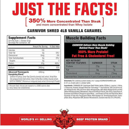 MuscleMeds Carnivor Shred Fat Burning Hydrolized Beef Protein Isolate, 0 Lactose, 0 Sugar, 0 Fat, Halal Certified, Vanilla Caramel, 4 Pound, 56 Servings