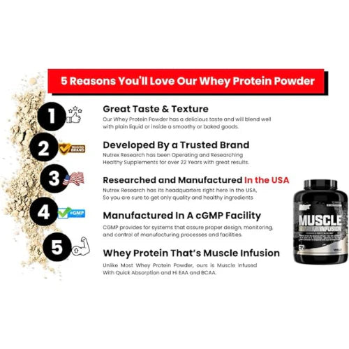 Nutrex Research Whey Protein Powder, Vanilla Muscle Infusion Whey Isolate w/EAA & Hi BCAA for Muscle Gain - 5 Pounds - Muscle Builder for Men & Women, Sports Nutrition, Delicious Taste & Texture