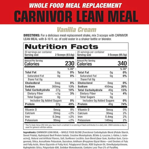 MuscleMeds CARNIVOR LEAN MEAL whole food meal replacement shake, MRE, beef protein isolate, white potato, sweet potato, 40g protein, 40 g carbs, lactose free, sugar free, Vanilla Cream 20 servings