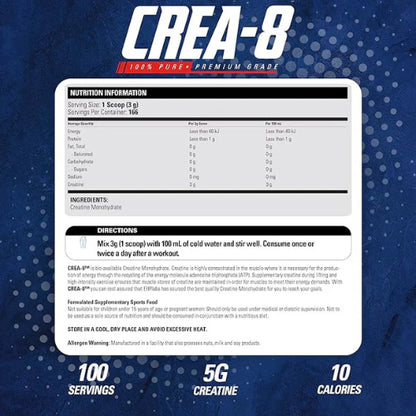 EHP Labs CREA-8 Creatine Monohydrate Powder - Creatine Supplement for Muscle Growth, Increased Strength, Enhanced Energy Output and Improved Performance, Unflavored - 100 Servings (500g)