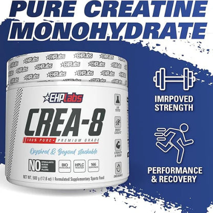 EHP Labs CREA-8 Creatine Monohydrate Powder - Creatine Supplement for Muscle Growth, Increased Strength, Enhanced Energy Output and Improved Performance, Unflavored - 100 Servings (500g)