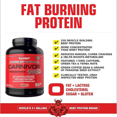 MuscleMeds Carnivor Shred Fat Burning Hydrolized Beef Protein Isolate, 0 Lactose, 0 Sugar, 0 Fat, Halal Certified, Vanilla Caramel, 4 Pound, 56 Servings