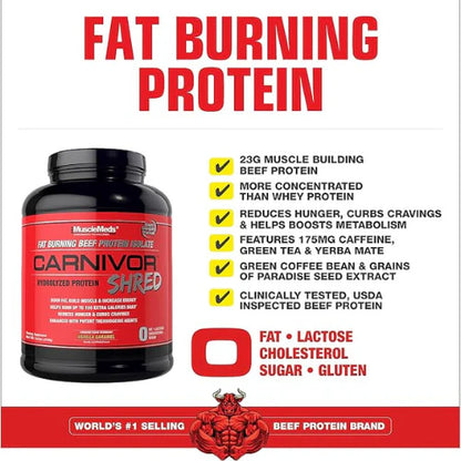 MuscleMeds Carnivor Shred Fat Burning Hydrolized Beef Protein Isolate, 0 Lactose, 0 Sugar, 0 Fat, Halal Certified, Vanilla Caramel, 4 Pound, 56 Servings