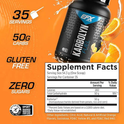 EFX Sports Karbolyn Fuel | Fast-Absorbing Carbohydrate Powder | Carb Load, Sustained Energy, Quick Recovery | Stimulant Free | 37 Servings (Orange)