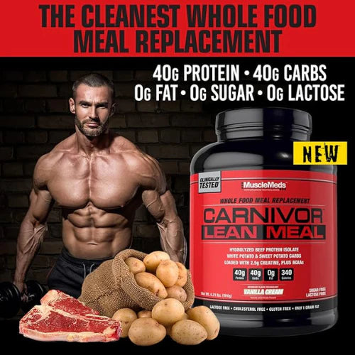 MuscleMeds CARNIVOR LEAN MEAL whole food meal replacement shake, MRE, beef protein isolate, white potato, sweet potato, 40g protein, 40 g carbs, lactose free, sugar free, Vanilla Cream 20 servings