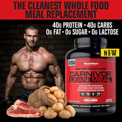 MuscleMeds CARNIVOR LEAN MEAL whole food meal replacement shake, MRE, beef protein isolate, white potato, sweet potato, 40g protein, 40 g carbs, lactose free, sugar free, Vanilla Cream 20 servings