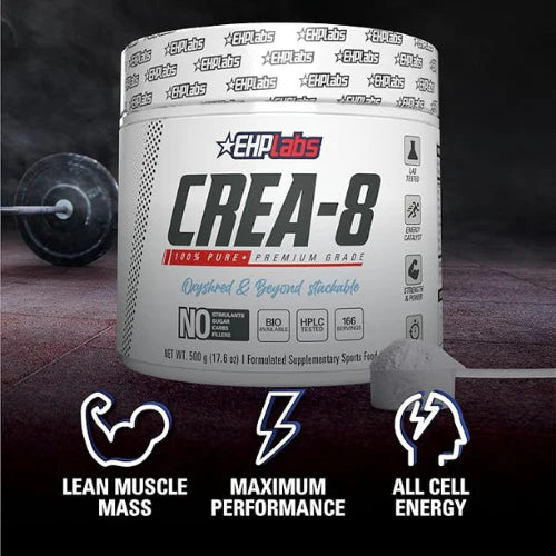 EHP Labs CREA-8 Creatine Monohydrate Powder - Creatine Supplement for Muscle Growth, Increased Strength, Enhanced Energy Output and Improved Performance, Unflavored - 100 Servings (500g)