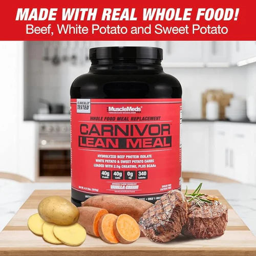 MuscleMeds CARNIVOR LEAN MEAL whole food meal replacement shake, MRE, beef protein isolate, white potato, sweet potato, 40g protein, 40 g carbs, lactose free, sugar free, Vanilla Cream 20 servings