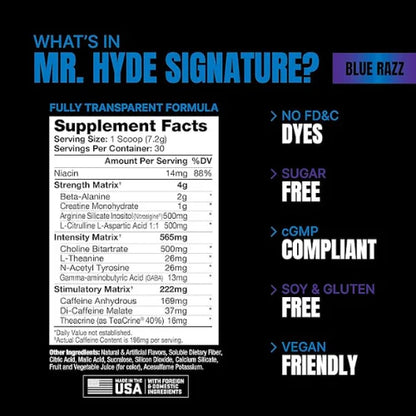 PROSUPPS Mr. Hyde Signature Pre Workout with Creatine, Beta Alanine, TeaCrine and Caffeine for Sustained Energy, Focus Pumps - Pre-Workout Energy Drink Men Women (Blue Razz, 30 Servings)